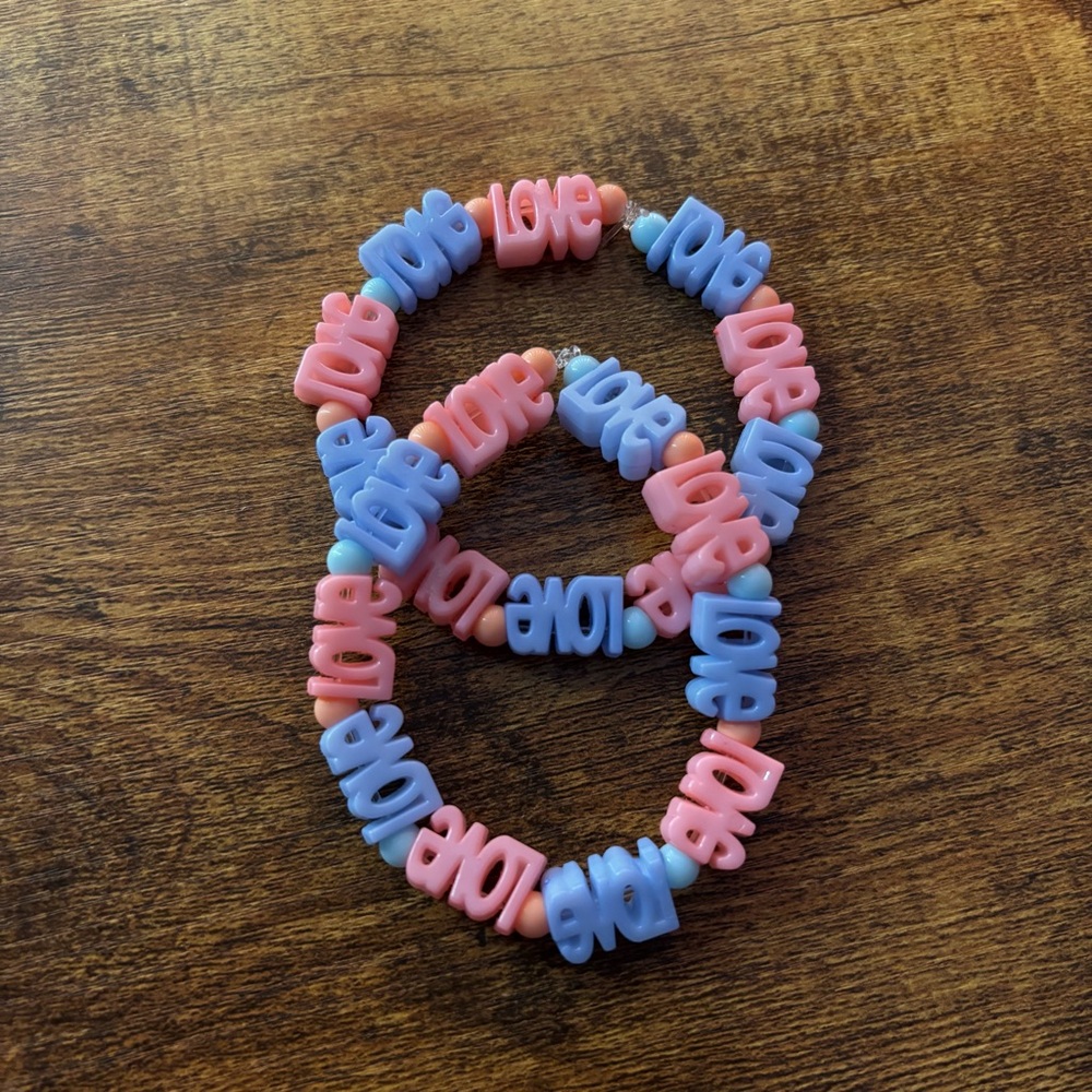 2pcs Blue and Peachy Pink Color Handmade Love Beaded Bracelets